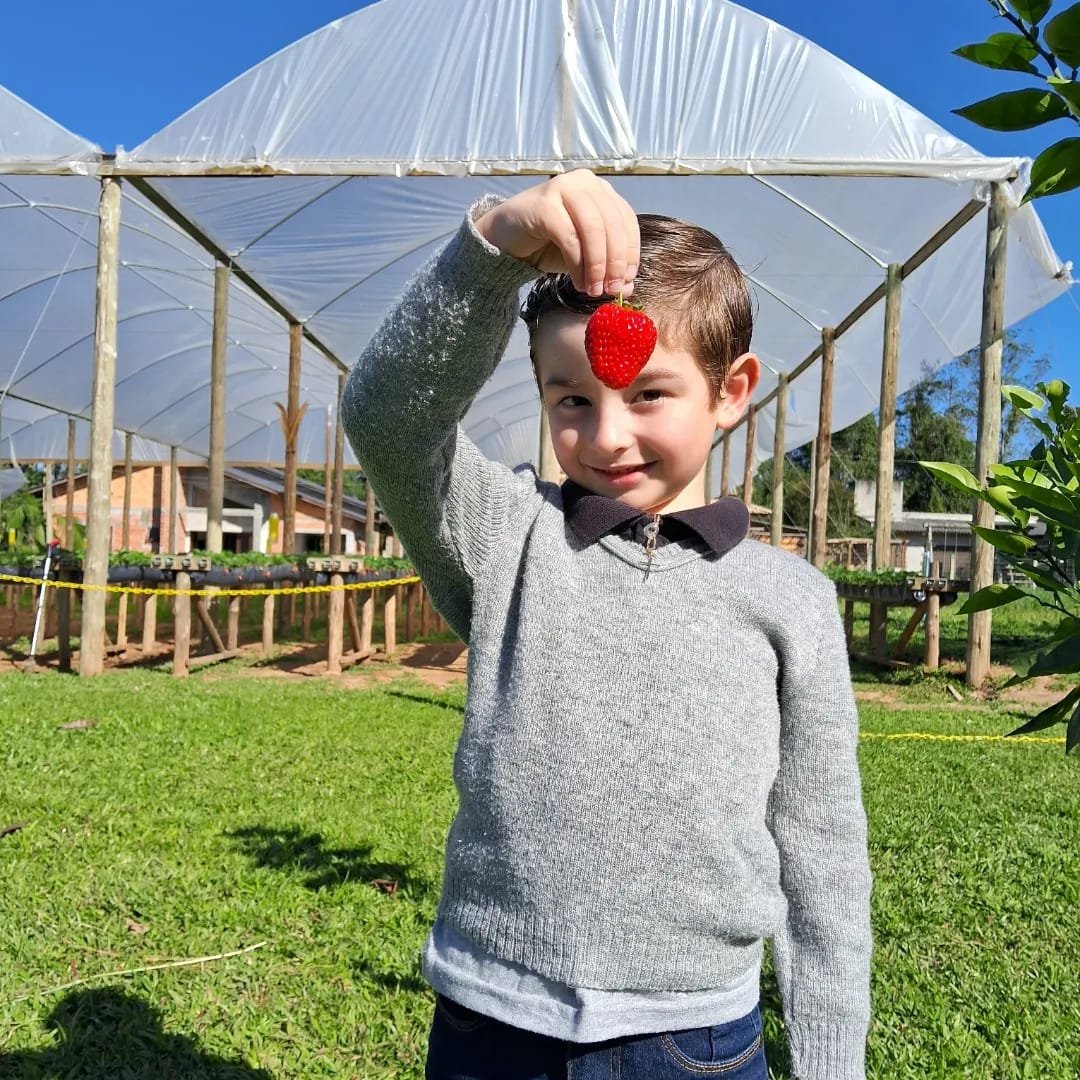 Otávio segurando um morango em frente à estufa da família